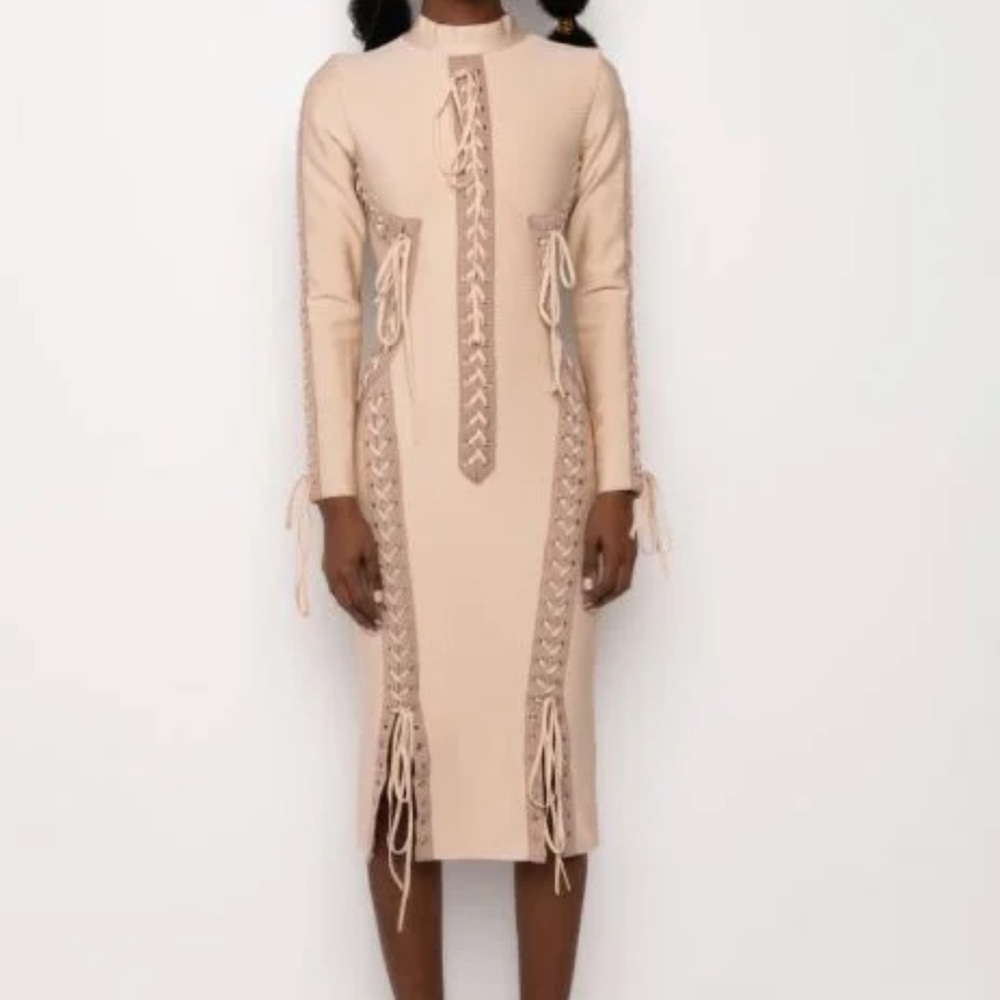 Akira Nude With Taupe Trim Corset Lace-up Bodycon Dress Size L